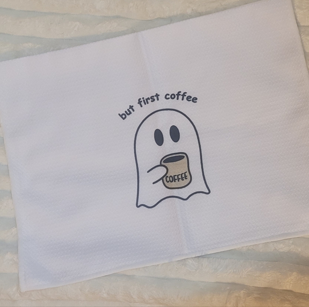 White Waffle Weave Terry Cloth Hand Towels With Ghost "But First Coffee" (2)